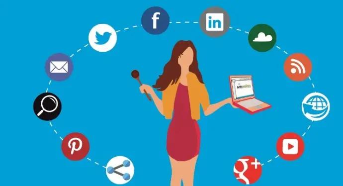 Illustration of digital marketing channels like social media, email, and search.